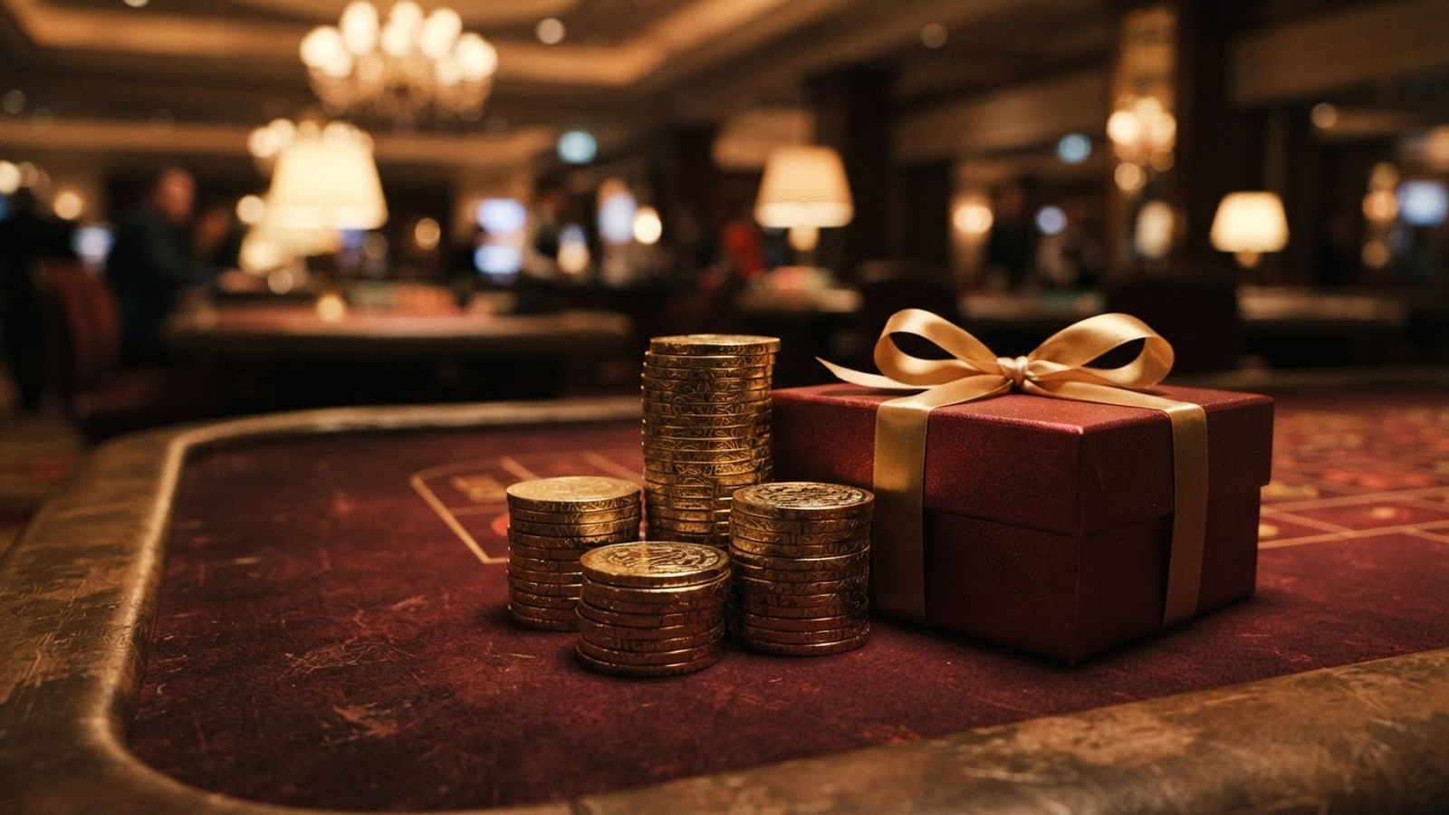 Jetons dorés et coffret cadeau sur une table de casino