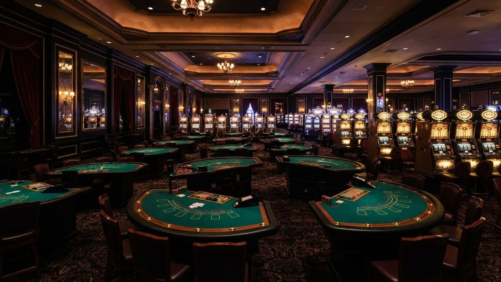 Salle de casino avec tables de cartes et machines à sous