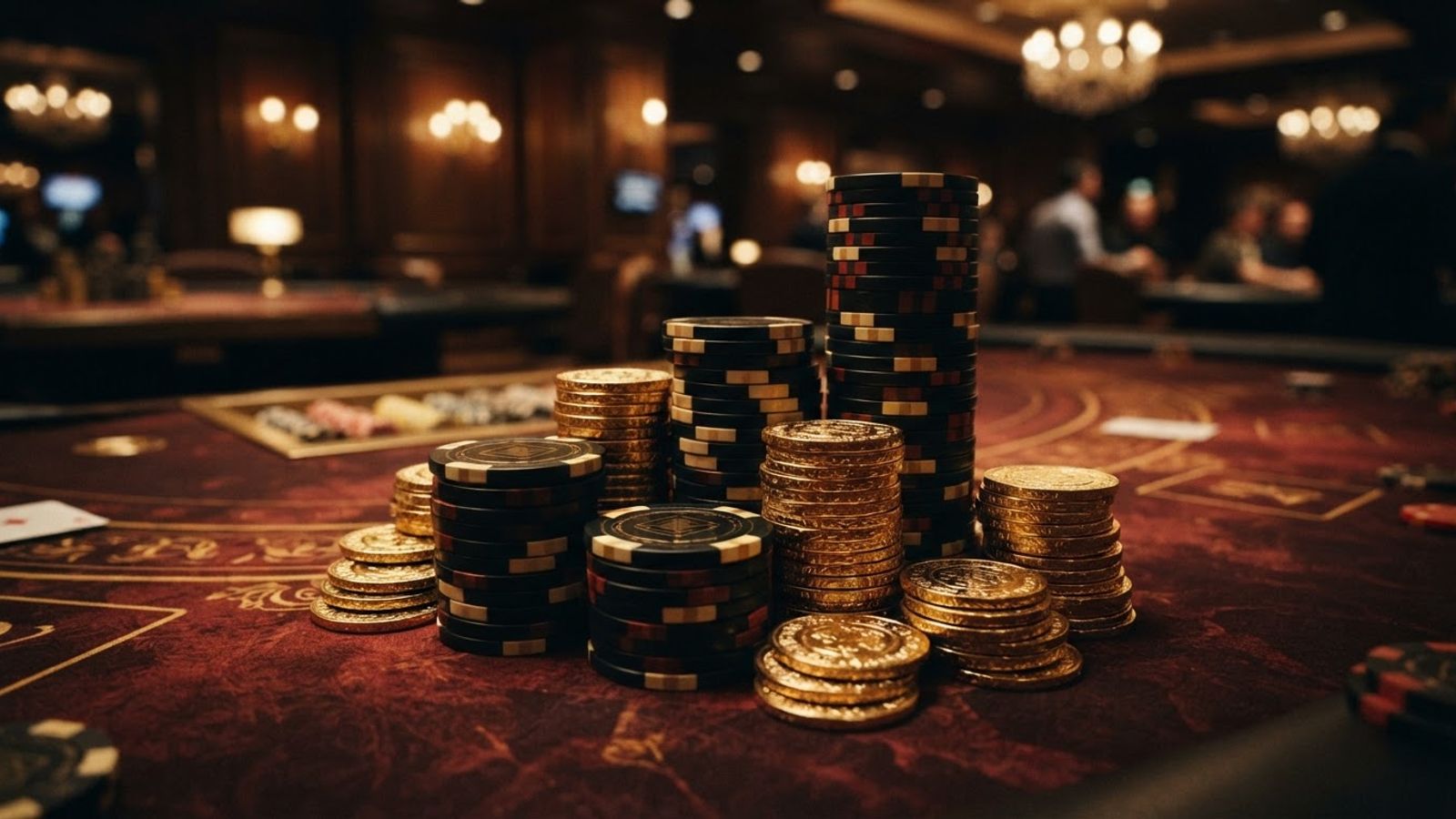 Pièces dorées empilées et jetons de casino sur une table